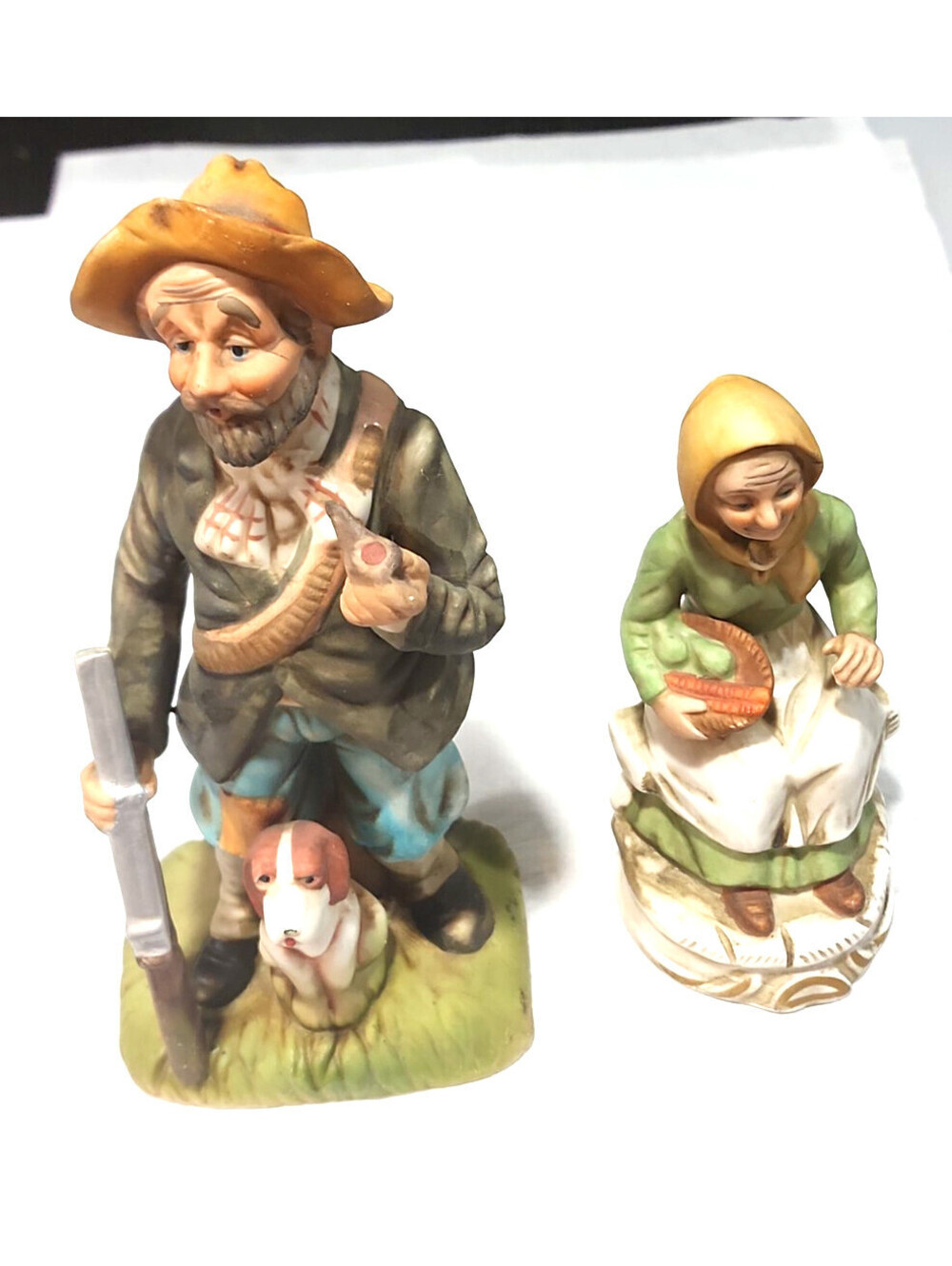Vintage Rustic Ceramic Figurine Lot of 2 Old Country Hunter + Peasant Woman